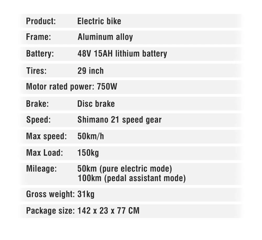 DUOTTS C29 29*2.1 inches Tires Electric Bike - 750W Brushless Motor & 48V 15Ah Battery