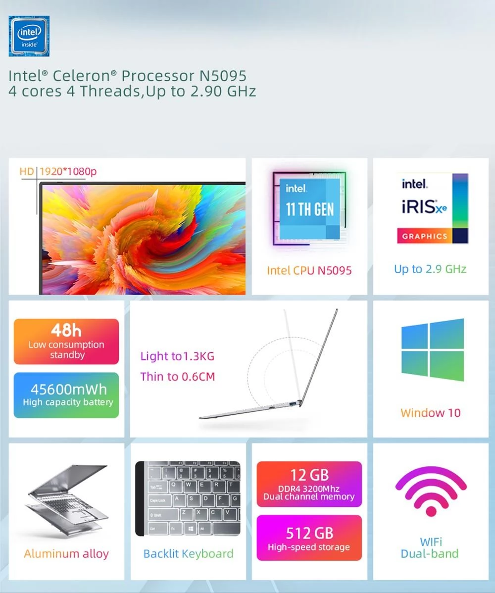 Daysky V14S 14,1 Zoll Laptop Intel Celeron N5095 6GB RAM 128G SSD 1080P FHD Mit Hintergrundbeleuchtung Windows 10