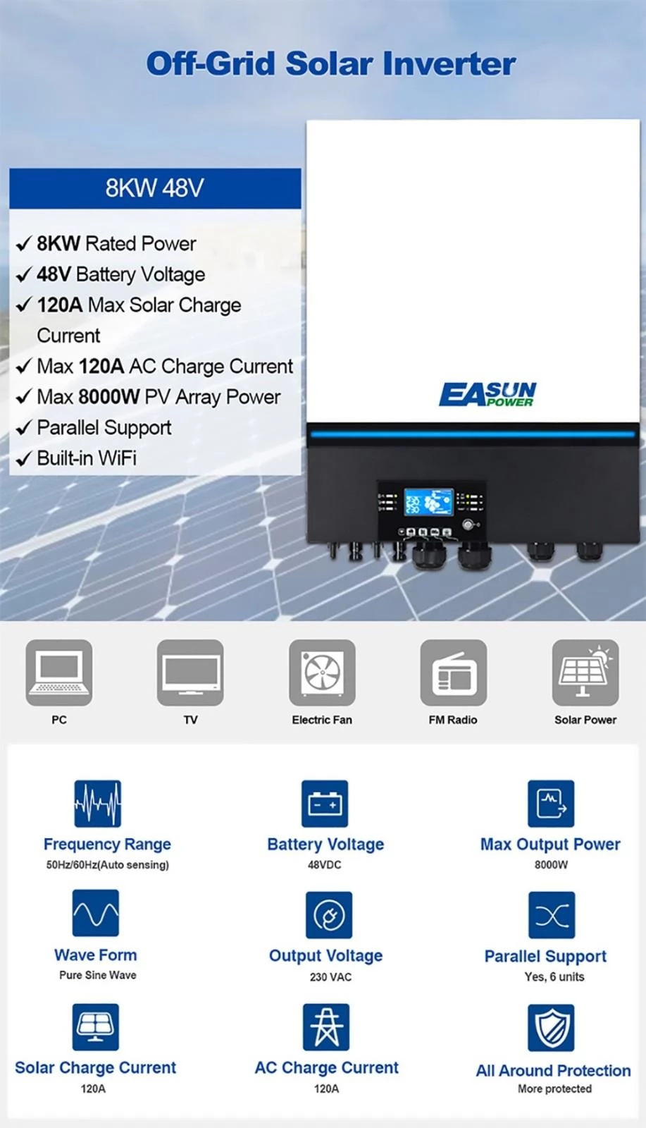 EASUN POWER 8000W Solar Inverter, MPPT 120A Solar Charger, 500V DC PV Input, 48V DC Battery, Support Parallel, WiFi