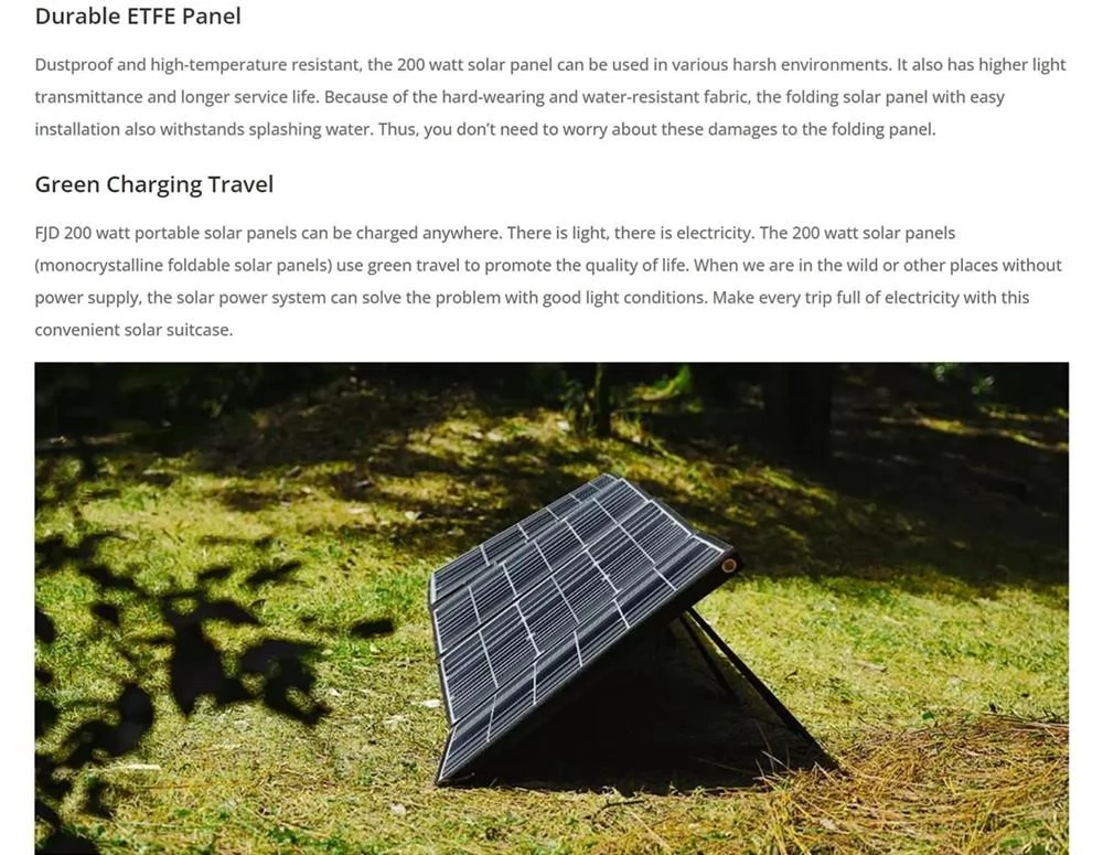 FJDynamics 200W faltbares tragbares Solarpanel, 21,5% Energieumwandlungsrate, staubdicht, hochtemperaturbeständig