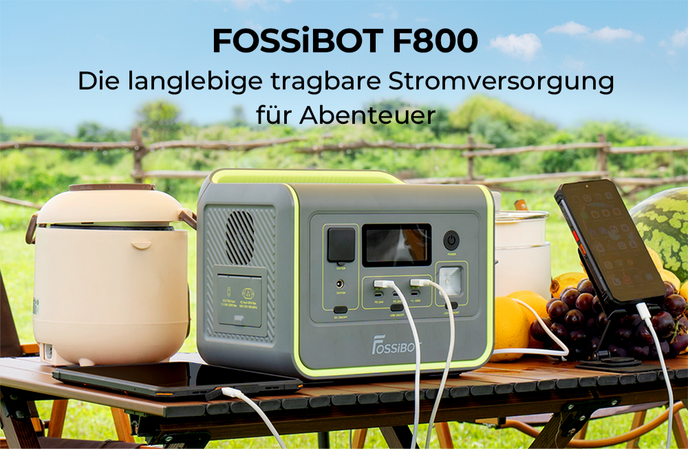 FOSSiBOT F800 Tragbare Powerstation, 512 Wh LiFePO4, 800 W AC-Ausgang, 200 W max. Solareingang, 8 Ausgänge - Grün