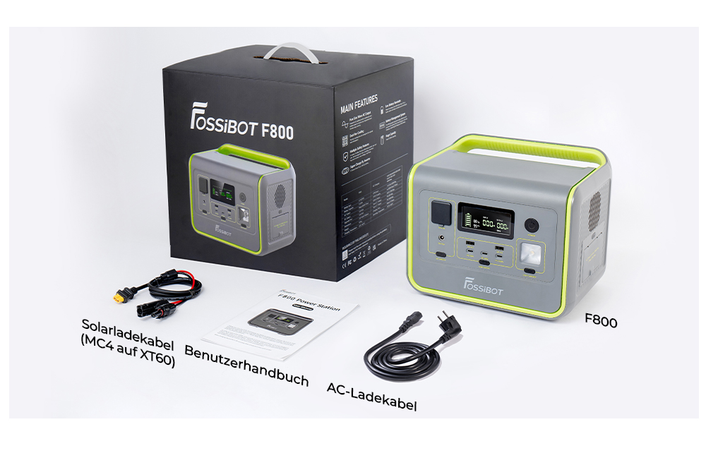 FOSSiBOT F800 Tragbare Powerstation, 512 Wh LiFePO4, 800 W AC-Ausgang, 200 W max. Solareingang, 8 Ausgänge - Grün