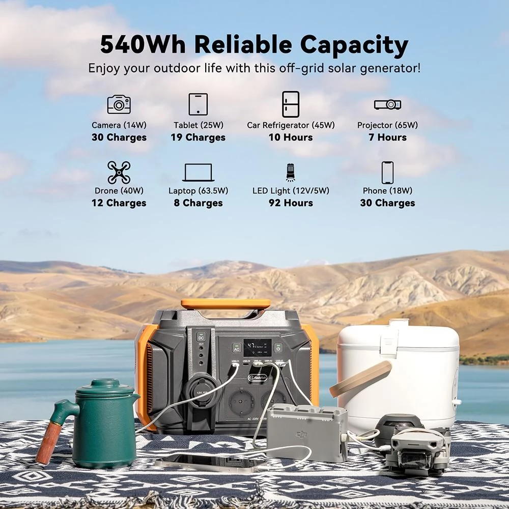Flashfish A501 540Wh 500W Portable Power Station, AC 230V Power Battery, 1000W Peak Solar Generator for Outdoor