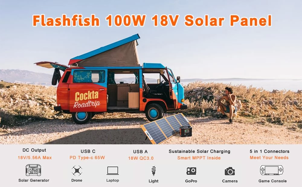 Flashfish TSP 18V/100W opvouwbare zonnepaneel draagbare zonne-lader met DC / USB-uitgang