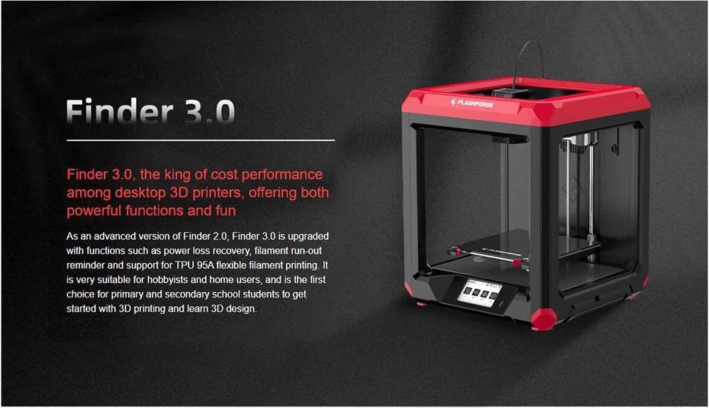 Flashforge Finder 3 3D Printer met directe extruder, nivellering, 0.2mm precisie, 4.3-inch scherm, 190x195x200mm