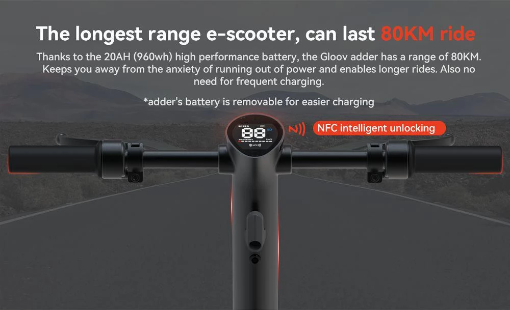 GLOOV Adder opvouwbare 20 Inch Banden Elektrische Scooter - 1000W Motor & 20Ah Batterij Lange Afstand Editie
