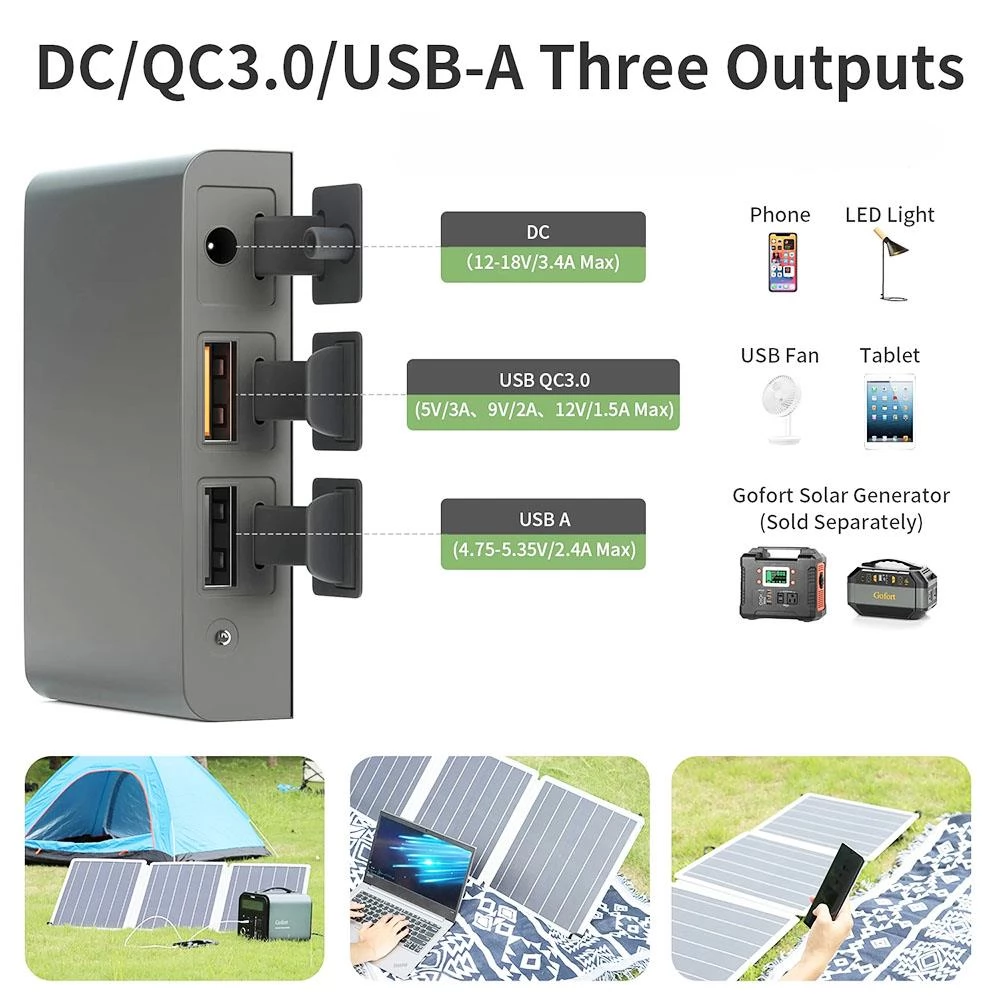 GOFORT 18V 60W Tragbares Solarpanel mit DC/QC3.0/USB-A & 3 Ports, kompatibel mit Solargenerator-Powerstation
