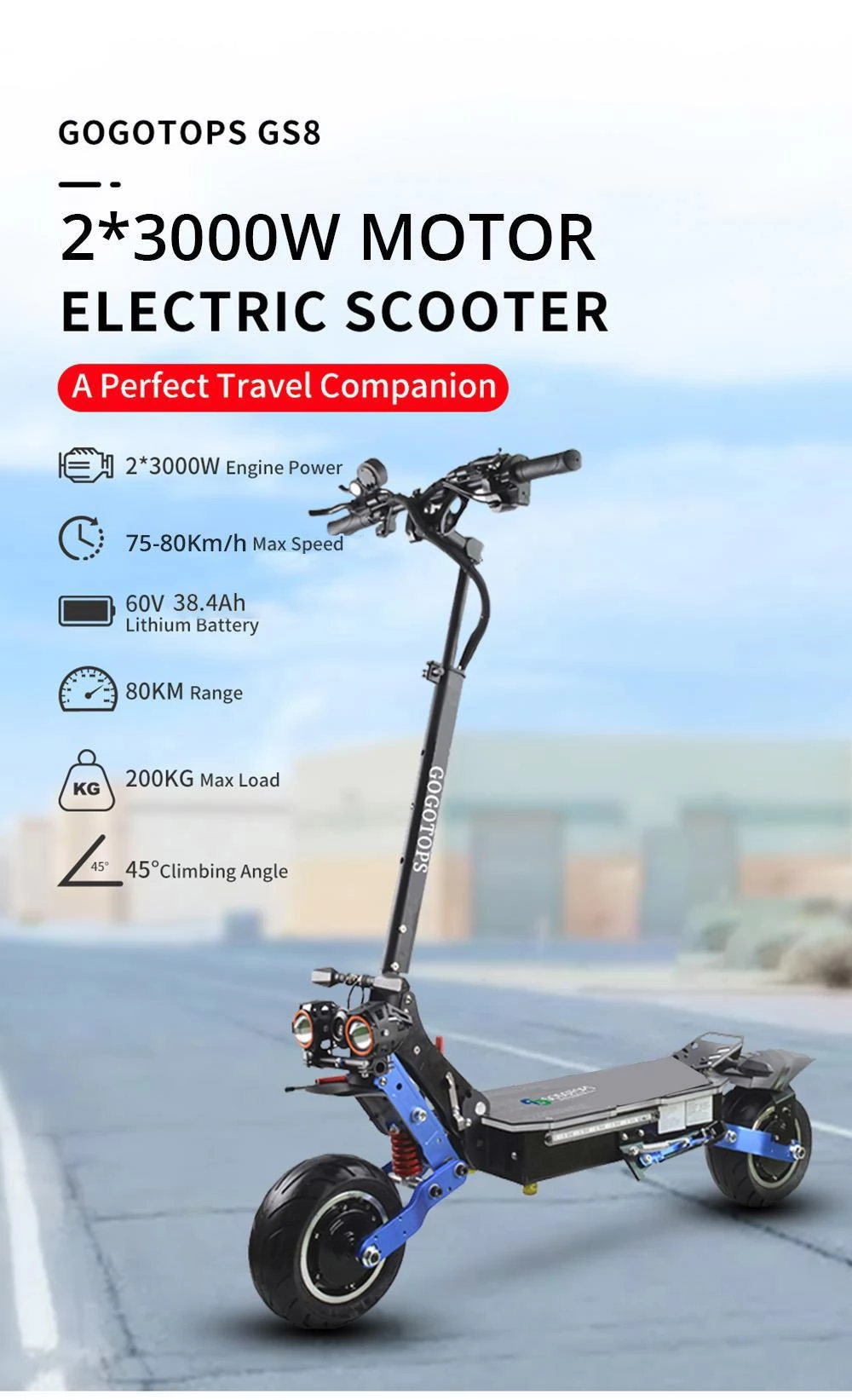 GOGOTOPS GS8 10 inch Road Tire Electric Scooter without Seat - 3000W*2 Dual Motors & 38.4Ah Battery for 80km Range