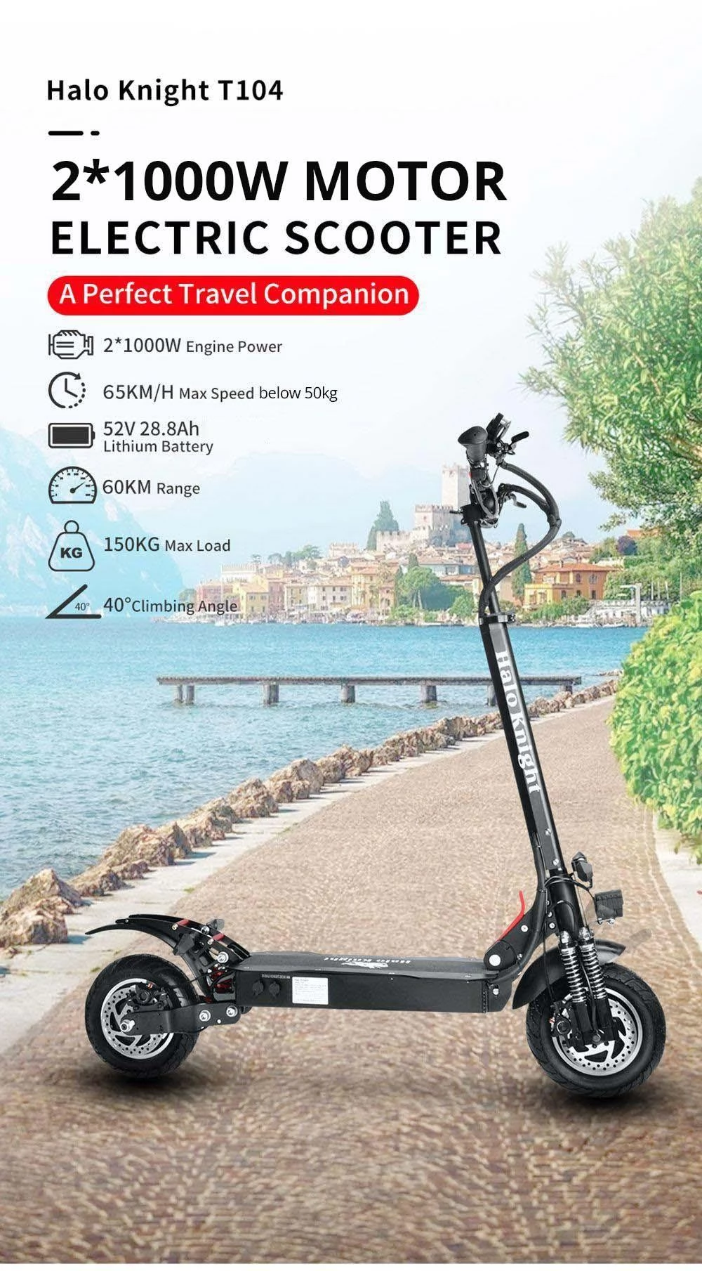 Halo Knight T104 10 Inch Pneumatic Tire Foldable Road/Off Road Electric Scooter - 52V 2000W Motor & 28Ah Battery