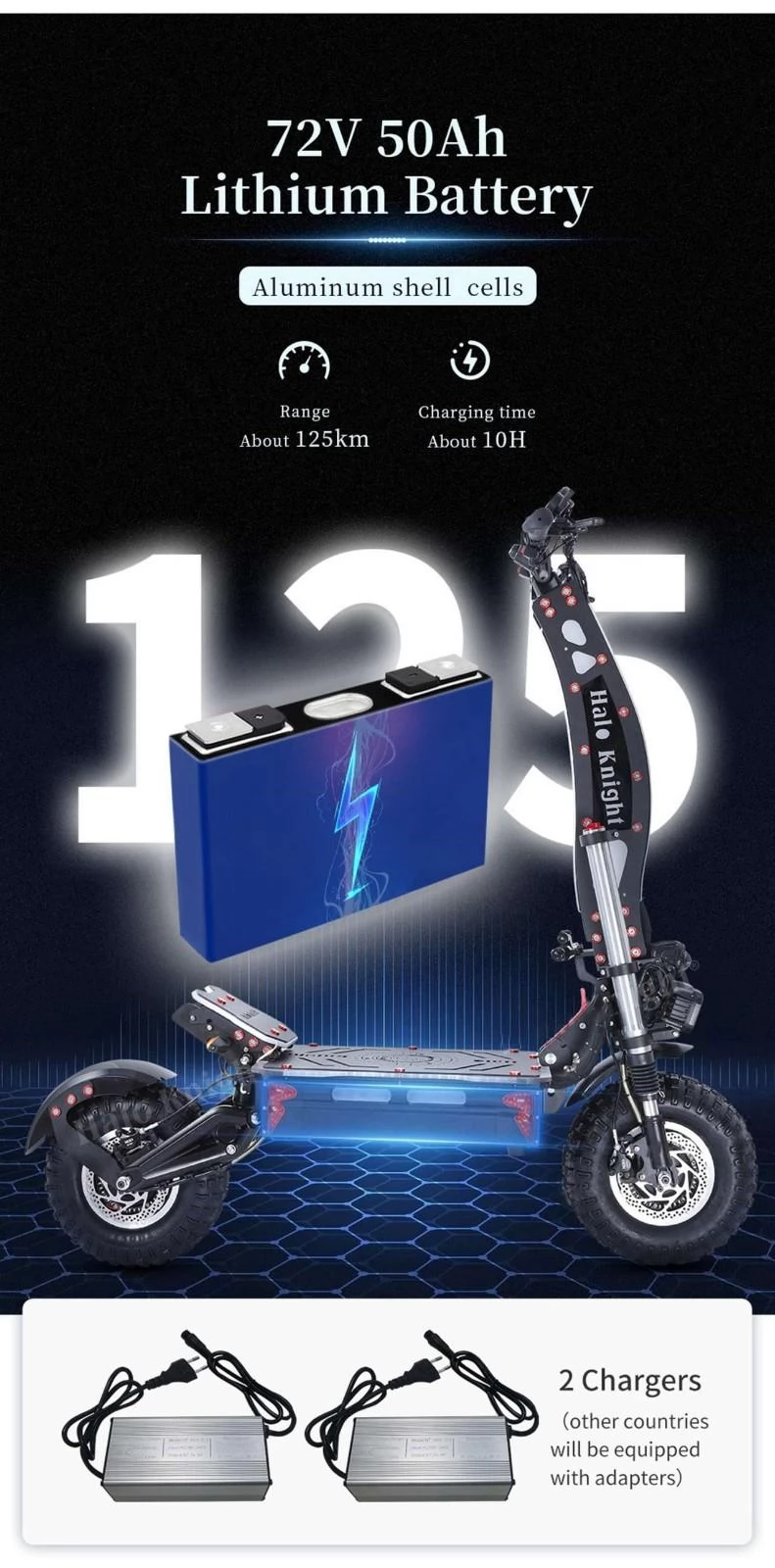 Halo Knight T107Max 14 Inch Off-road Tires Foldable Electric Scooter, 2*4000W Motors, 72V 50Ah Battery
