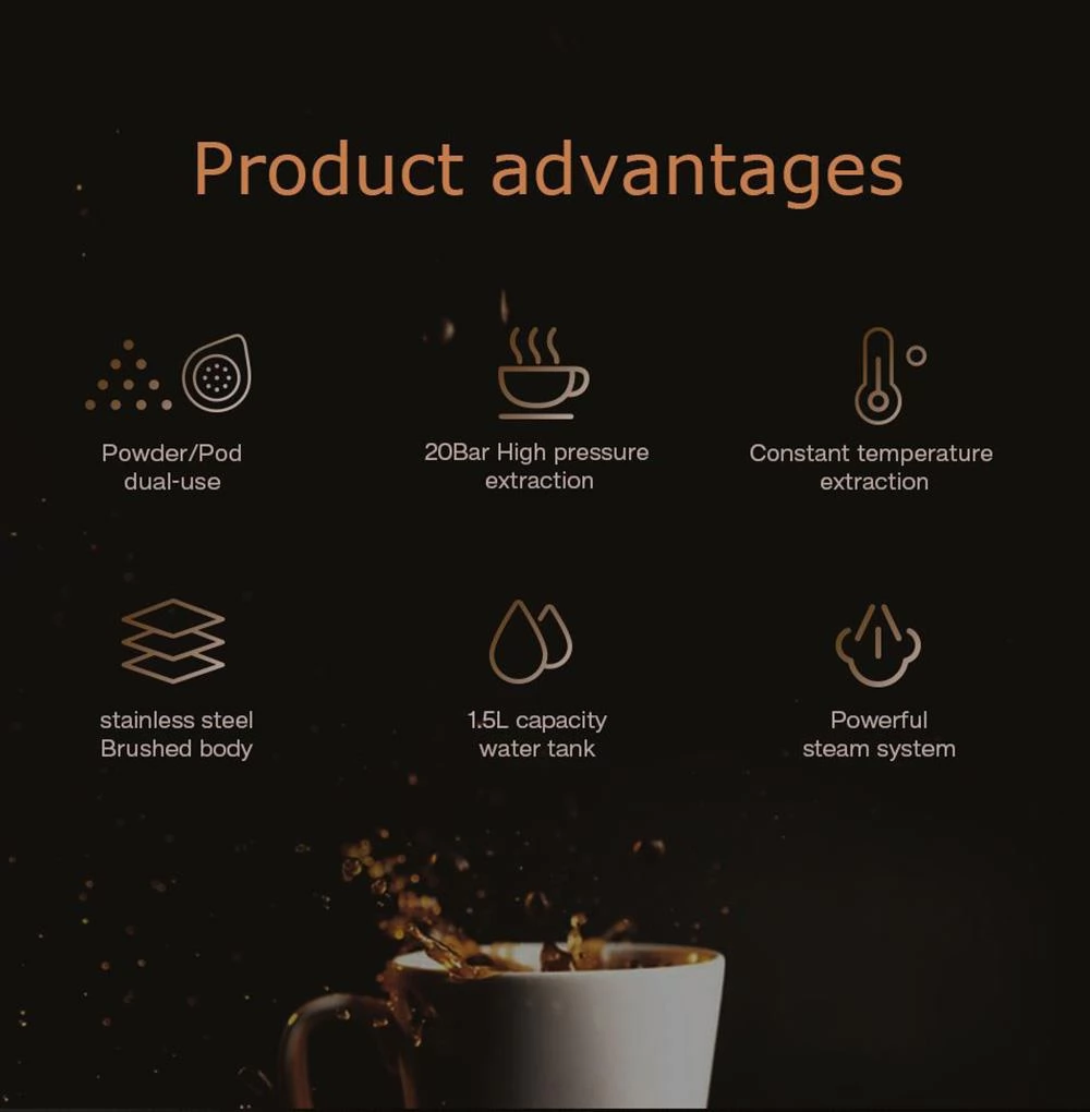 HiBREW H10 1050W Coffee Maker, 20 Bar Semi-Auto Coffee Machine, ESE Pod/Ground Coffee Espresso Maker, 1.5L Capacity
