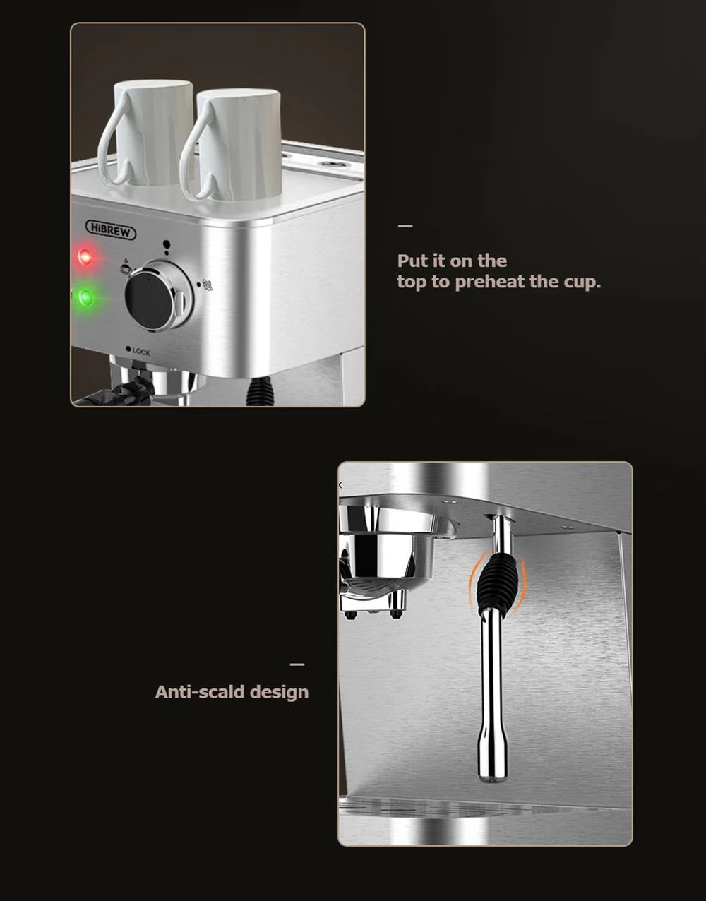 HiBREW H10 1050W koffiezetapparaat, 20 bar semi-automatische koffiezetapparaat, ESE POD/Gemalen koffie-espressomaker