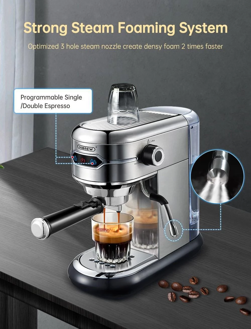 HiBREW H11 1450W Kaffeemaschine, 19 Bar Hochdruck, ESE POD & Pulver, starkes Dampfschaumsystem