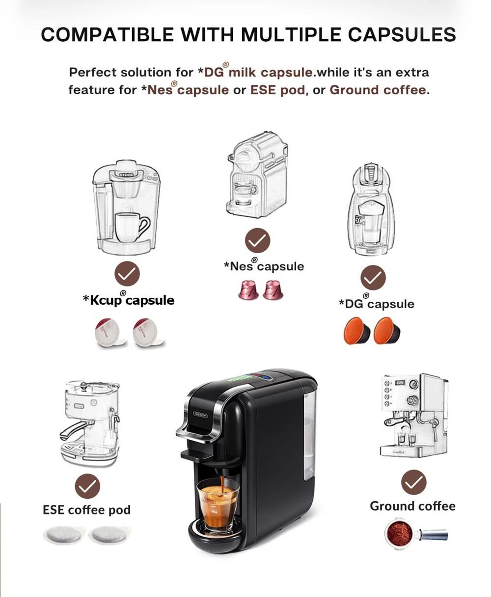 HiBREW H2B 5-in-1 Coffee Maker with Water Level Line, 19Bar Hot/Cold Capsule Coffee Machine, 600ml Water Tank