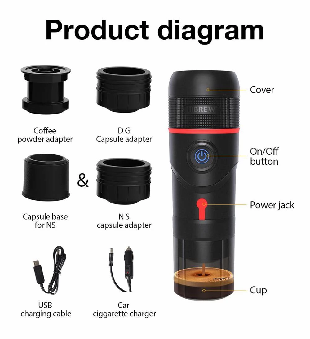 HiBREW H4 Tragbare Auto-Kaffeemaschine, 15 Bar Druck, DC 12 V Espresso-Kaffeemaschine mit Adapter & Tasche