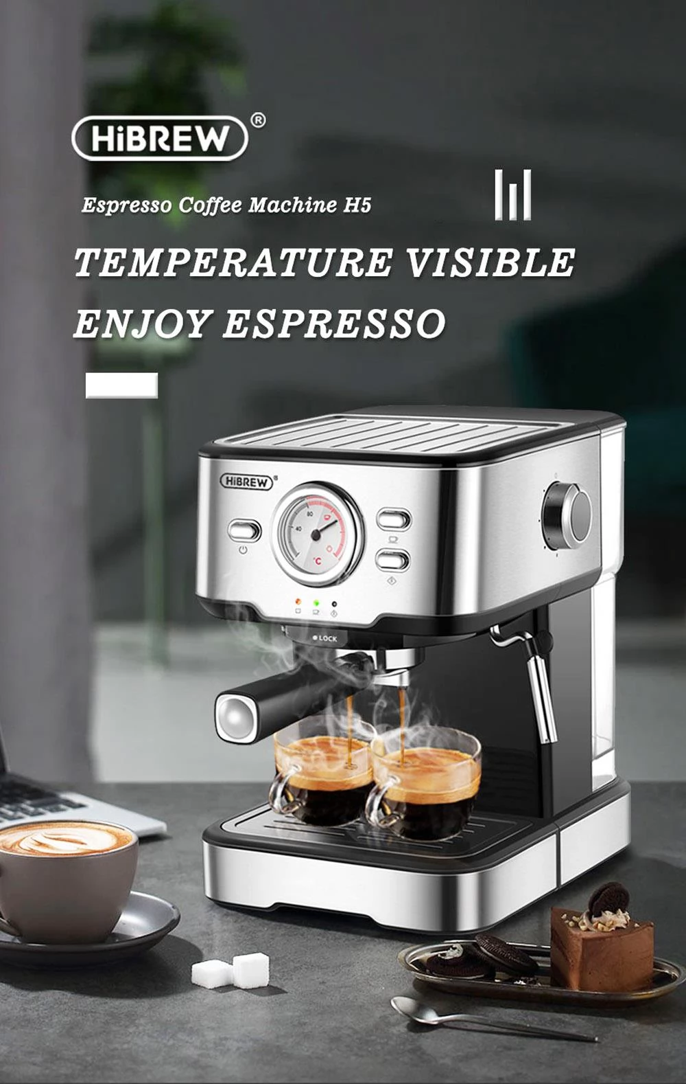 HiBREW H5 1050W Koffiezetapparaat, 20 Bar Semi-Auto Cappuccino Espresso Koffiezetapparaat, 1.5L Capaciteit