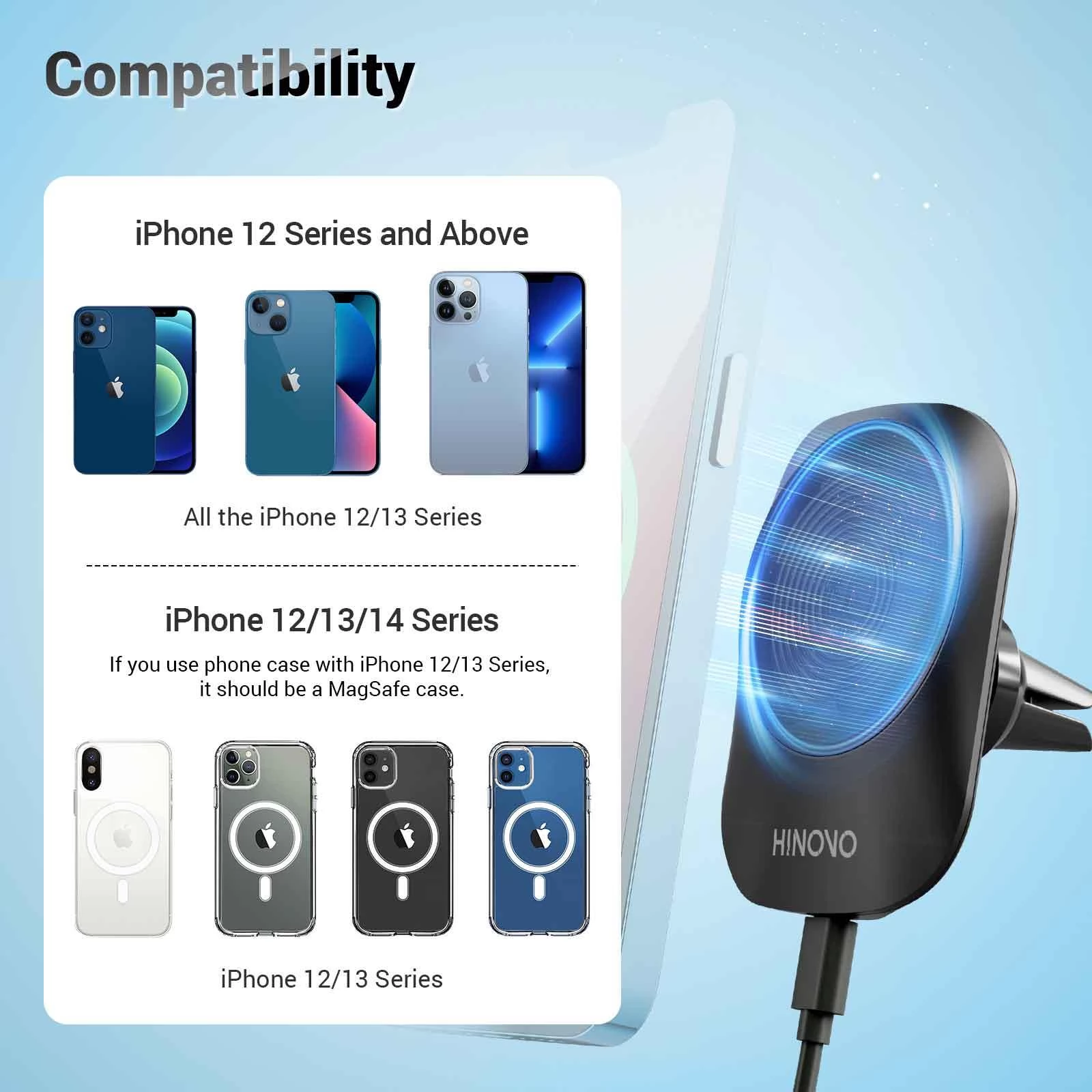 Hinovo MC1-2 15W Magnetic Wireless Car Charger, Fast Charging, 360 Degree Rotation, LED Light Indicator