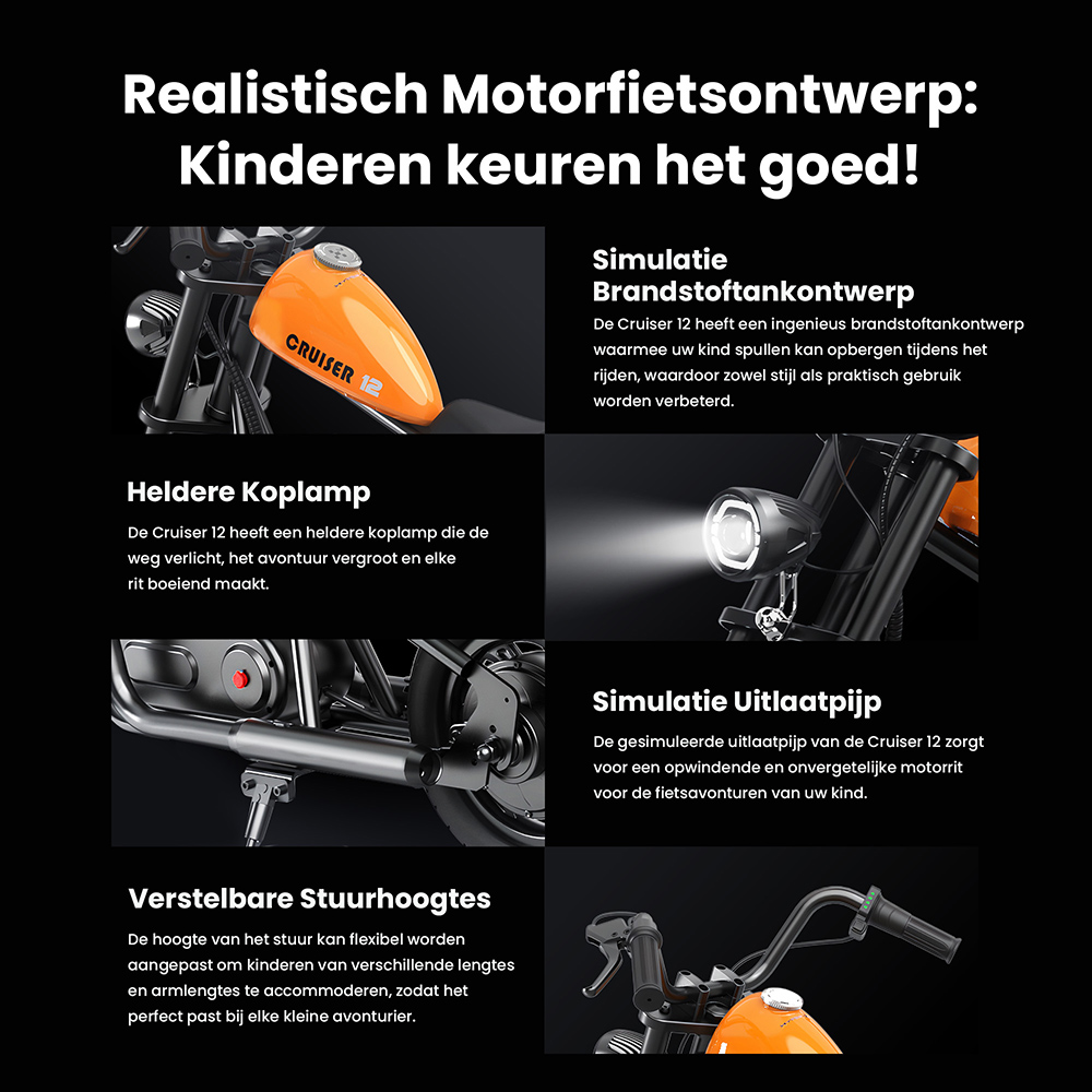 Hyper GOGO Cruiser 12 Elektrische Motorfiets voor Kinderen, 12 inch Banden, 160W Motor, 21,9V 5,2Ah Batterij - Zwart