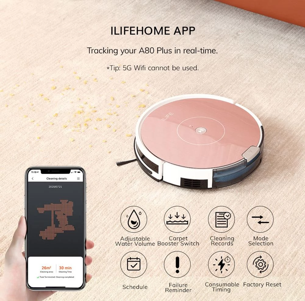 ILIFE A80 Plus Robot Vacuum Cleaner 1000pa Suction Multiple Cleaning Modes Control with APP EU Version