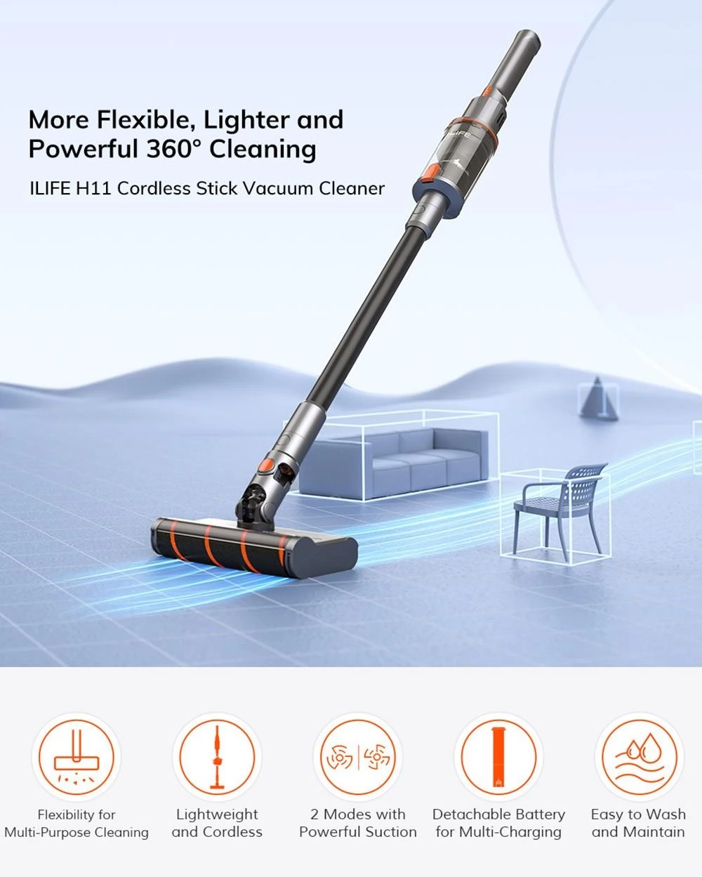 ILIFE H11 Cordless Handheld Vacuum Cleaner, 16kpa Suction, 2200mAh Detachable Battery, 200ml Dust Cup, 30min Runtime