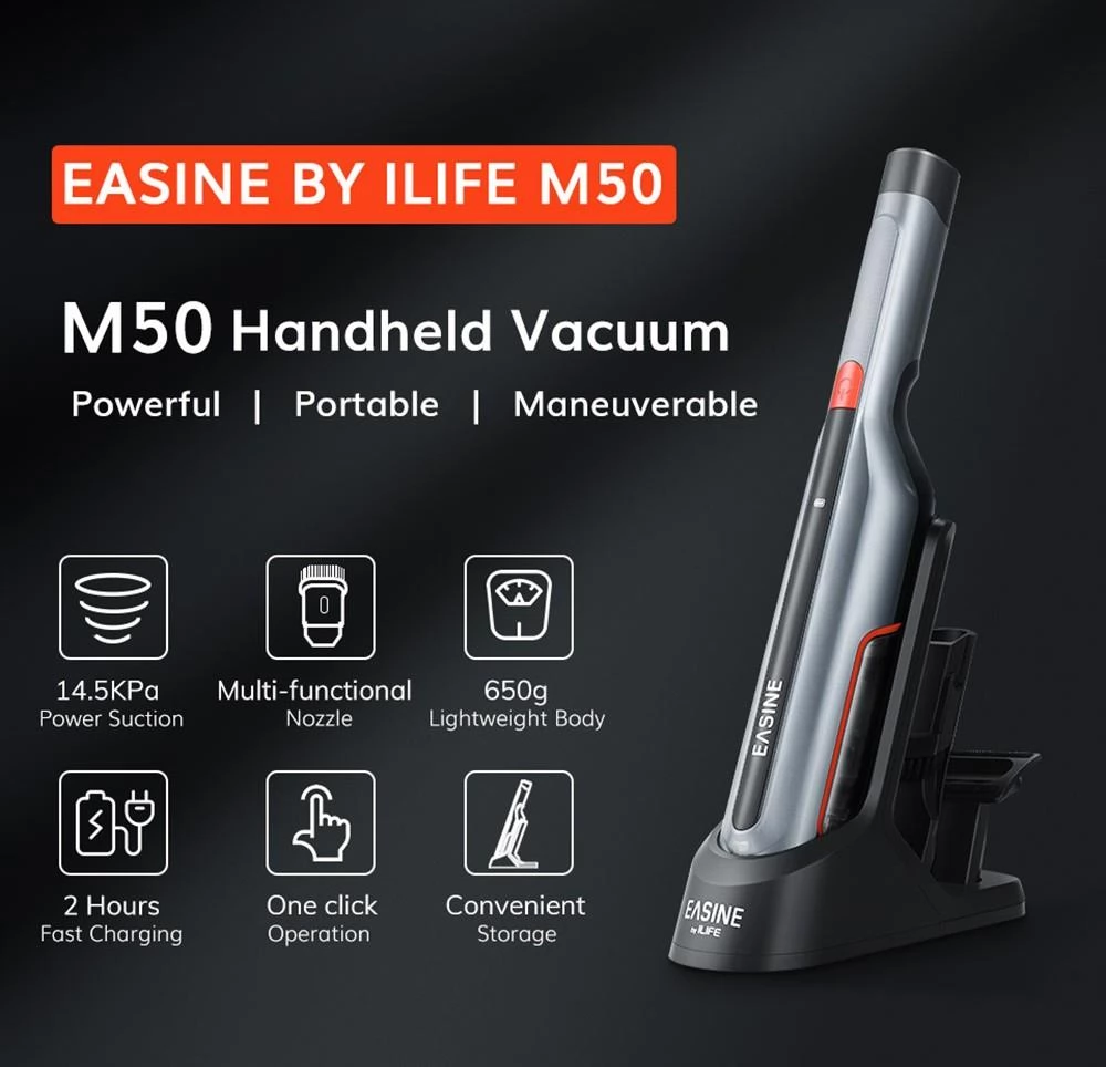 ILIFE M50 15000Pa Suction Handheld Car Vacuum Cleaner, 150ml Dust Cup, 2500mAh Battery, 32min Runtime, LED Lights