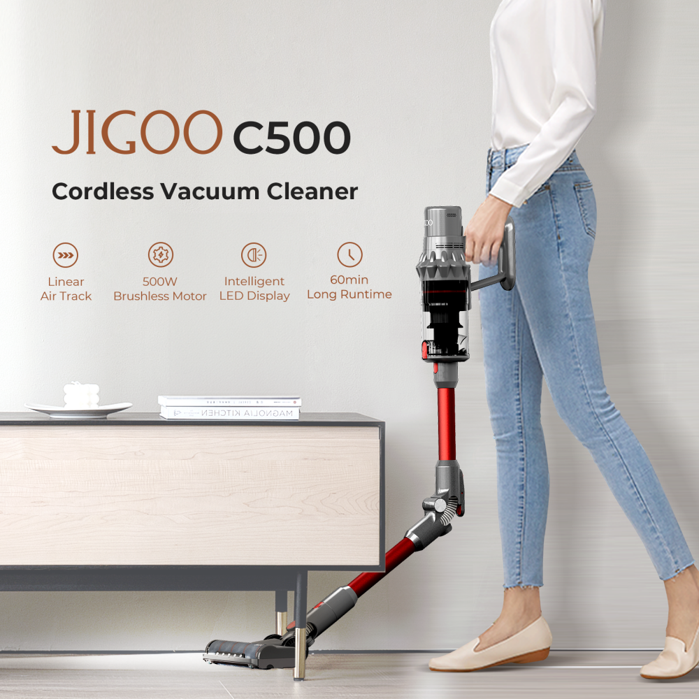 JIGOO C500 Cordless Vacuum Cleaner with 500W Motor, 33KPa Suction, 45min Runtime, 1.2L Dust Cup