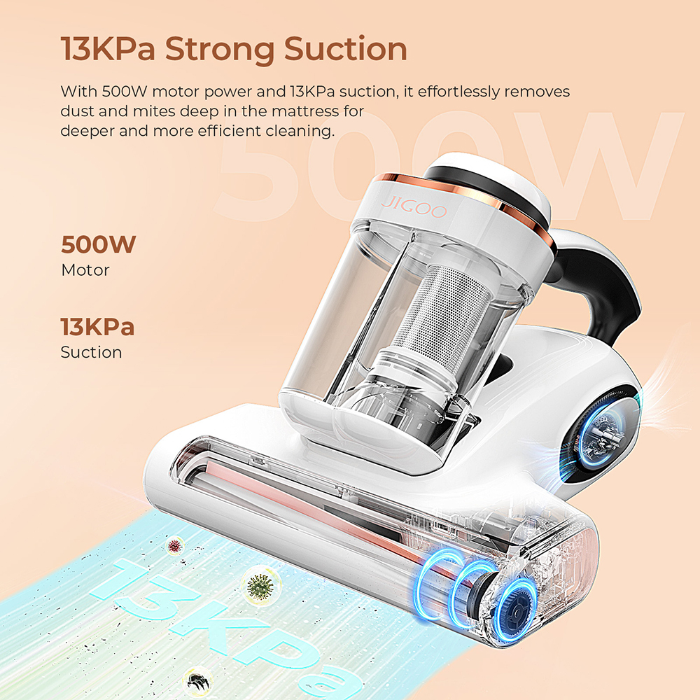 JIGOO J300 Dual-Cup Smart Mite Cleaner with 13KPa Suction, Dust Mite Sensor, Metal Brushroll, 55℃ Hot Air