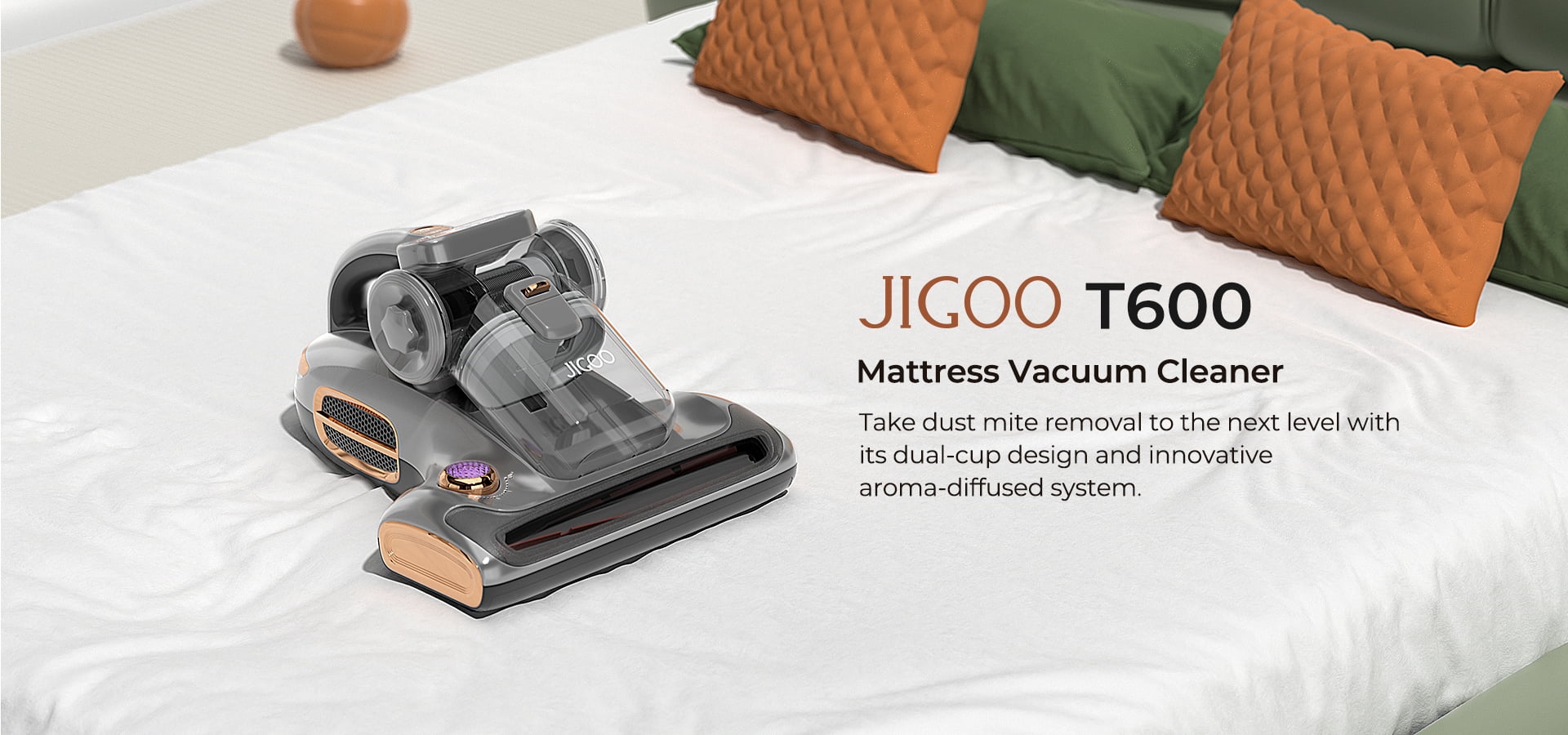 JIGOO T600 Bed Mattress Vacuum Cleaner, Dual Cup Design, 99.99% Dust Mite Removal with Aroma - Grey