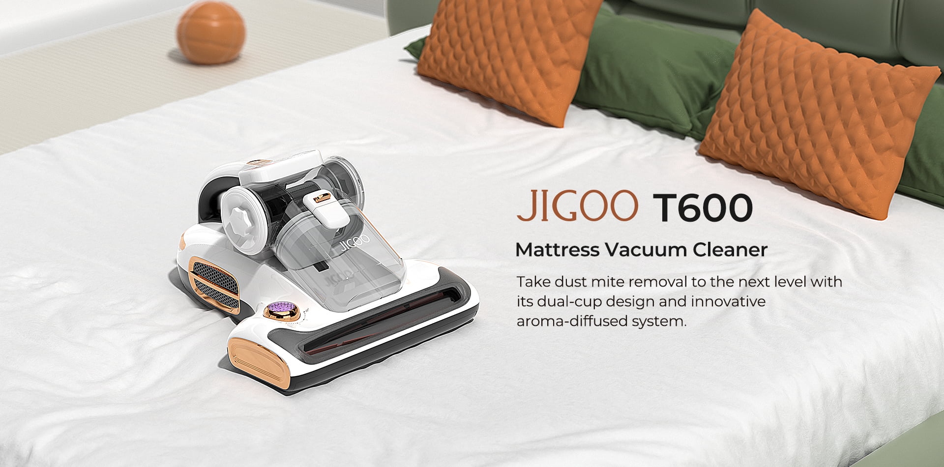 JIGOO T600 Bed Mattress Vacuum Cleaner, Dual Cup Design, 99.99% Dust Mite Removal with Aroma - White