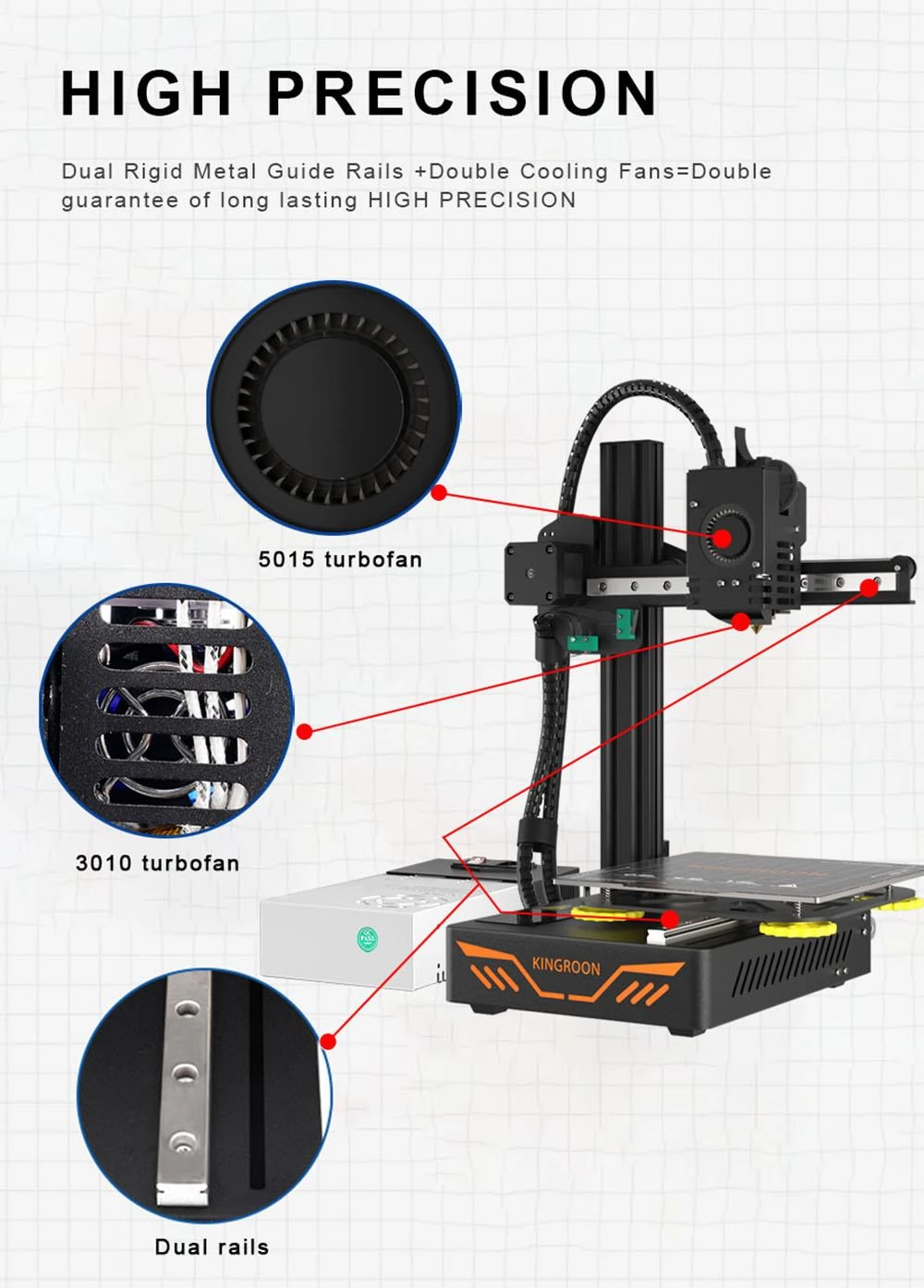 KINGROON KP3S 3D Printer Single Nozzle Aluminum Double Linear Guide Rails Double Cooling Fans 180x180x180mm EU Plug