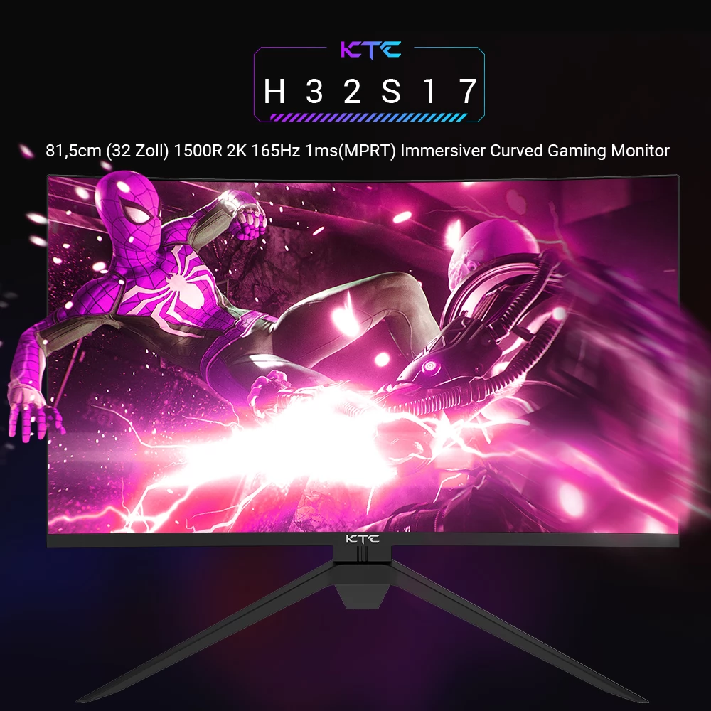 KTC H32S17 Gaming Monitor 32-Zoll (81,5cm) 2560x1440 QHD 165Hz HVA Curved 1500R 1ms Reaktionszeit, Vesa Montage Standard