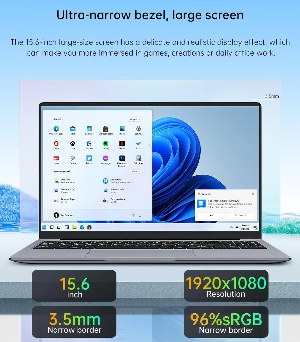 KUU G5 Laptop AMD R7 5800U processor 15,6 inch 1920*1080 IPS-scherm 16 GB DDR4 2666MHz 512 GB PCIE Windows 11 Pro