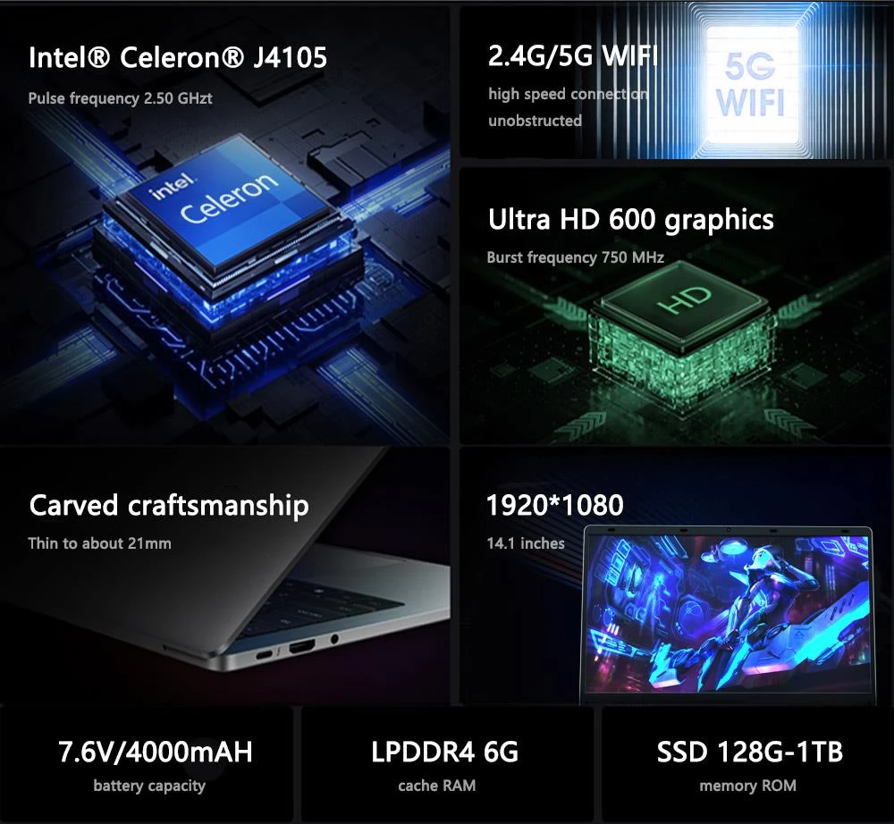 KUU XBOOK-2 14,1 Zoll Laptop Intel Gemini Lake J4105 8 GB RAM 256 GB SSD 1080P IPS WiFi Bluetooth Windows 11 Pro