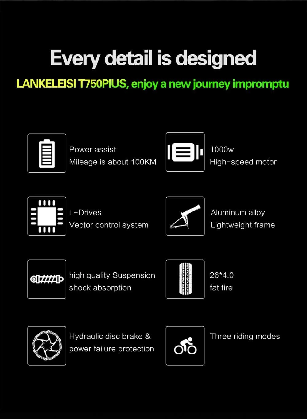 LANKELEISI T750 Plus 26*4.0 Inch Vette Band Opvouwbare Elektrische Fiets - 48V 1000W Motor & 14.5Ah Lithium Batterij