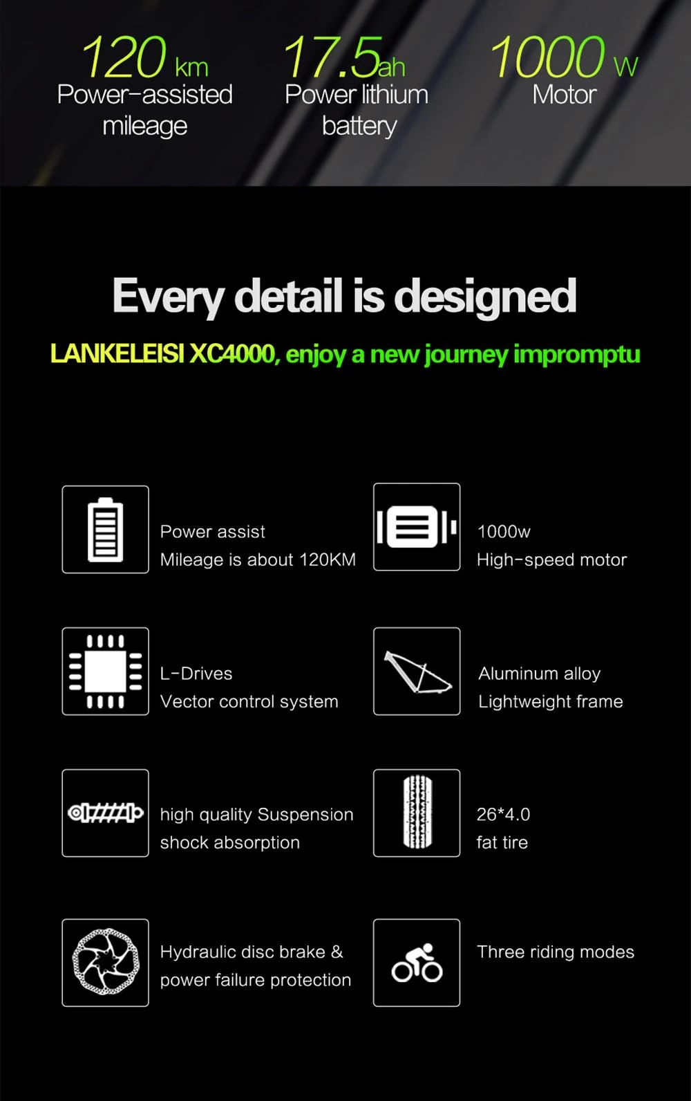 LANKELEISI XC4000 26*4.0 Inch Vette Banden Elektrische Fiets Max Snelheid 40 km/h - 1000W Motor & 48V 17.5Ah Batterij