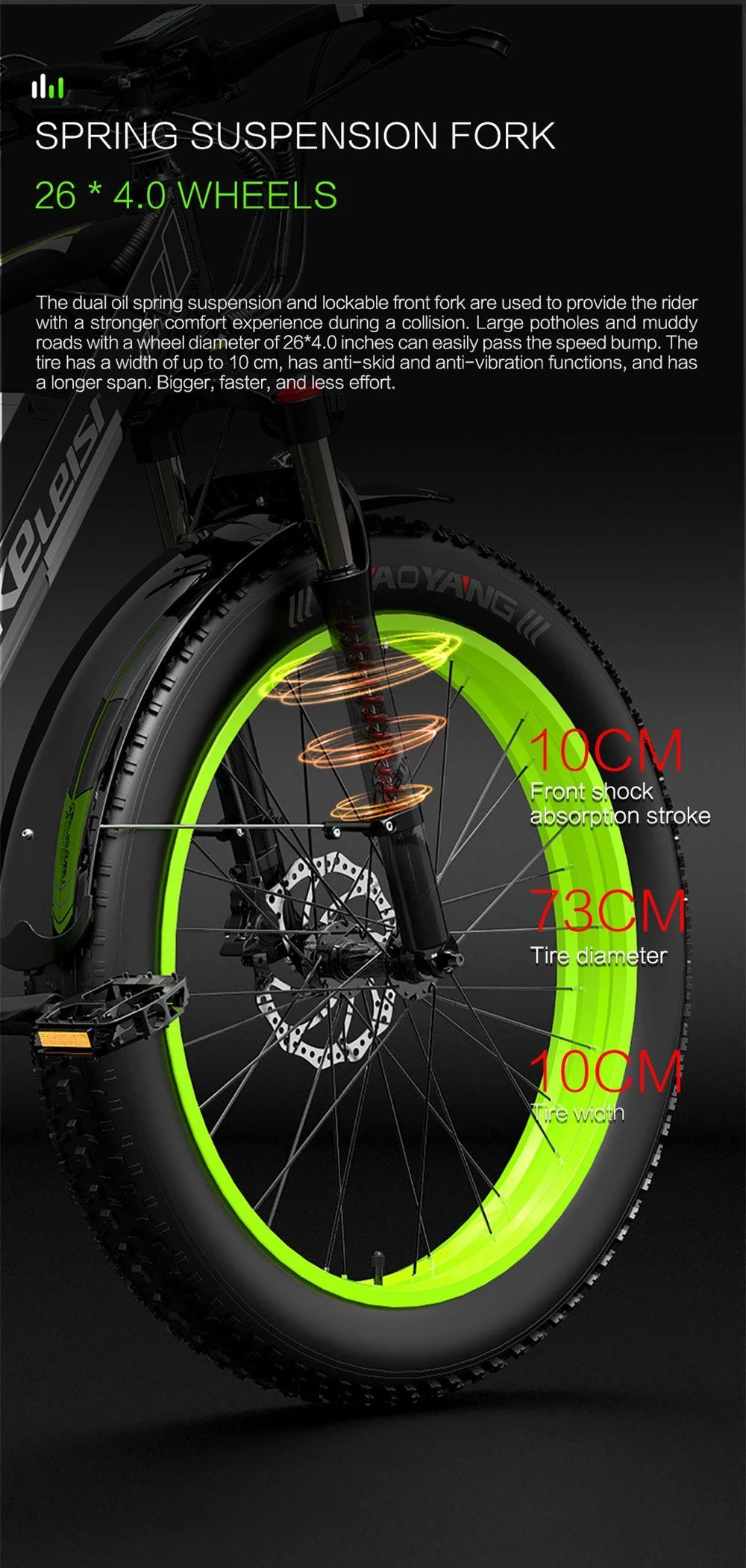 LANKELEISI XC4000 26*4.0 Inch Fat Tires Electric Bike Max Range 120KM Max Speed 40 km/h - 1000W Motor & 48V 17.5Ah Battery