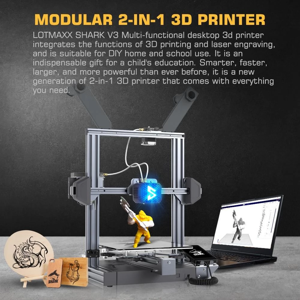 LOTMAXX Shark V3 3D Printer Laser Engraver, Auto Leveling, Dual Extruder, Dual-Color Printing, Glass Build Plate
