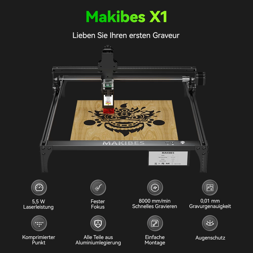 Makibes X1 5,5 W Lasergravierer, 8000 mm/min, Gravurgenauigkeit 0,01 mm, Gravurbereich 410 x 400 mm