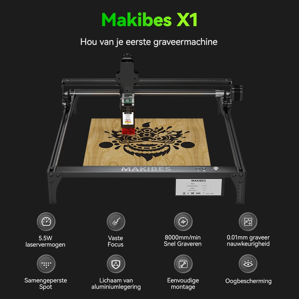 Makibes X1 5.5W lasergraveermachine, 8000mm/min, graveernauwkeurigheid 0.01mm, graveeroppervlak 410x400mm