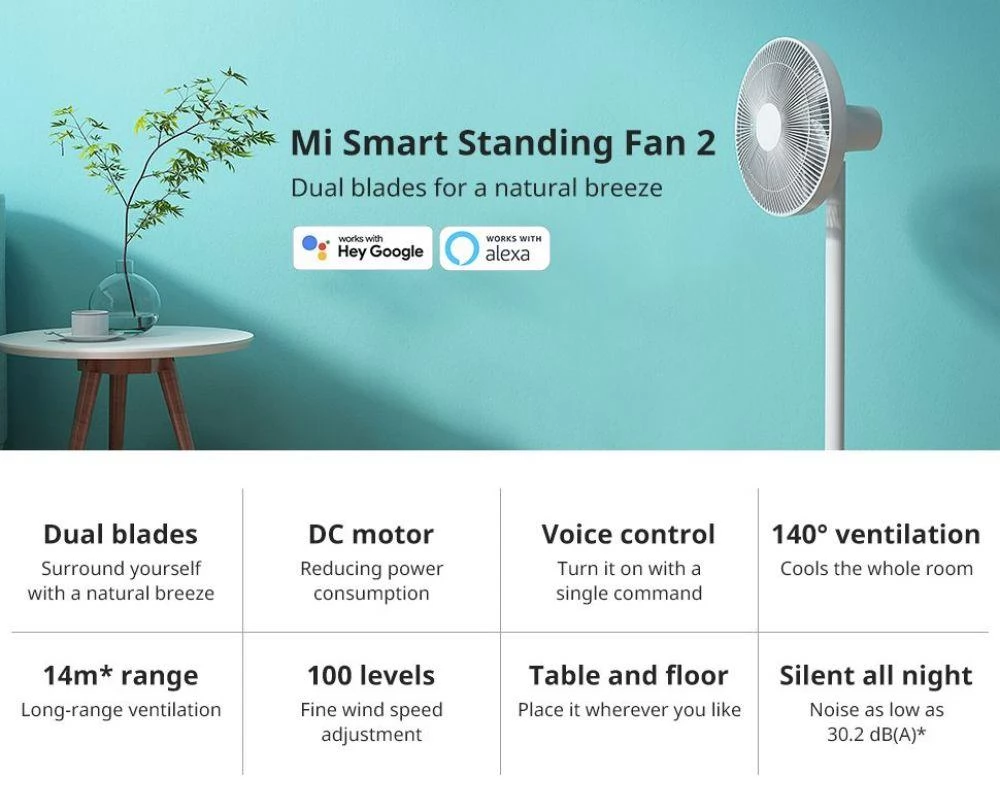 Xiaomi Mi Smart Standing Fan 2, DC Motor 15W luchtkoeling voetstukventilator, Dual Blades Koelbodemventilator, spraakbesturing