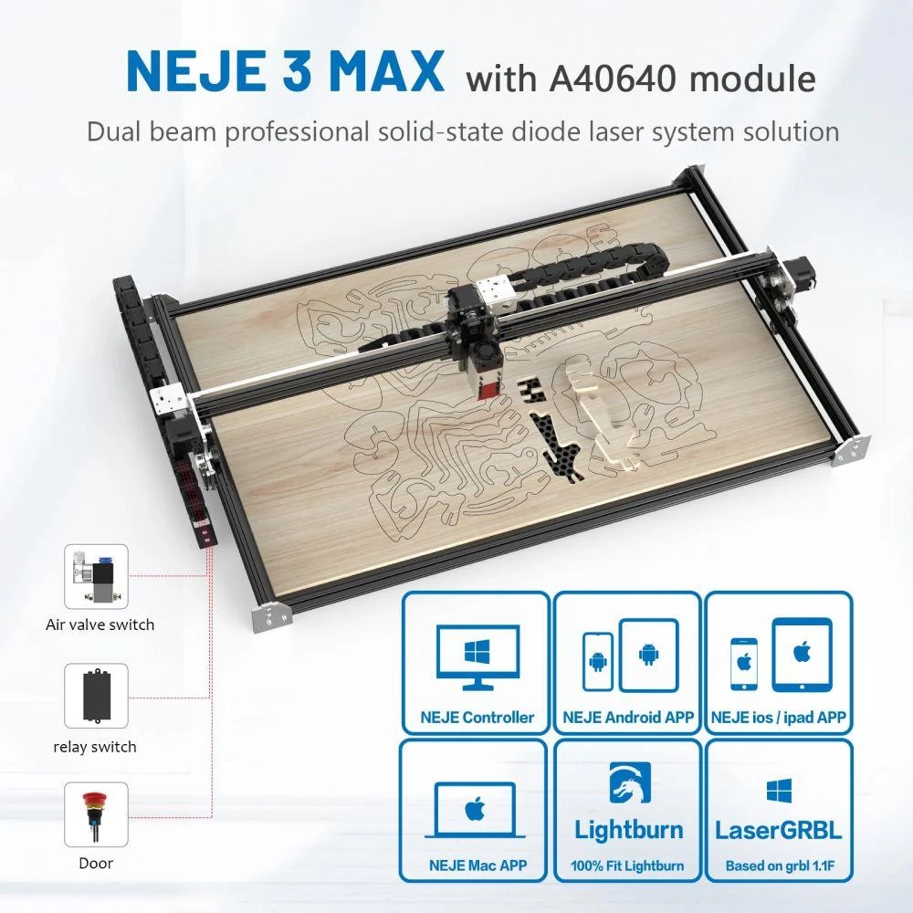 NEJE 3 MAX lasergraveermachine met A40640 Dual Laser Beam Module Kit 460x810mm graveergebied NEJE WIN Software App Besturing