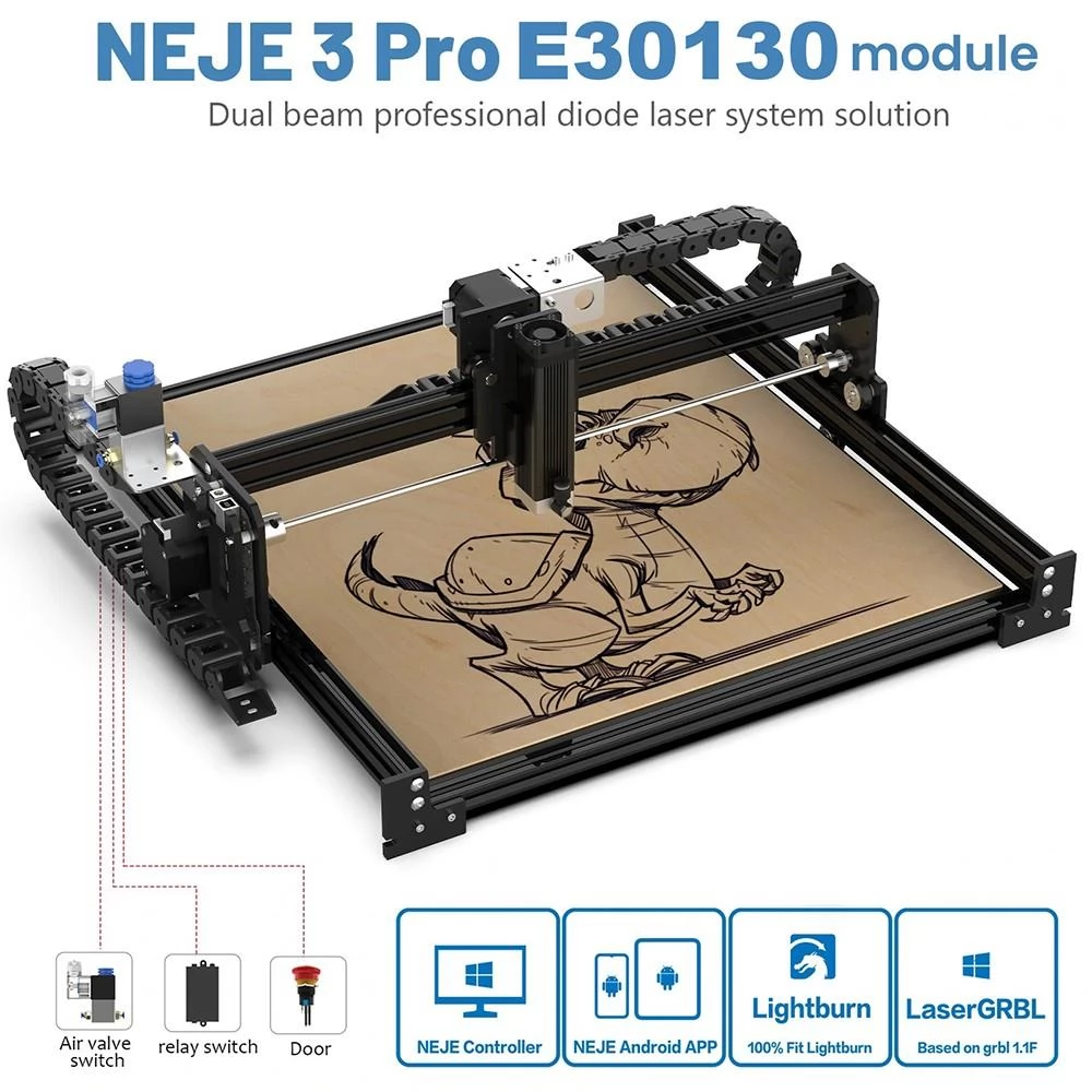 NEJE 3 Pro E30130 CNC Laser Engraving Machine, Marking Automatic Air Assist, 0.06x0.06mm Focus, 400x410mm Area - EU Version