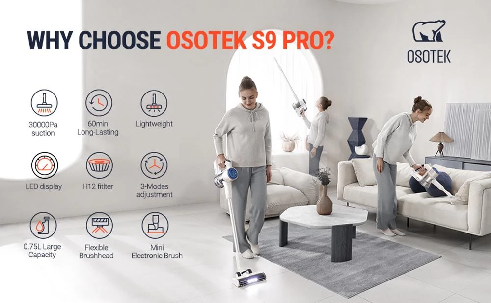 OSOTEK S9 Pro 30Kpa Suction Cordless Handheld Vacuum Cleaner, 3-gear Speed, 320W High Power, 0.75L Dust Cup