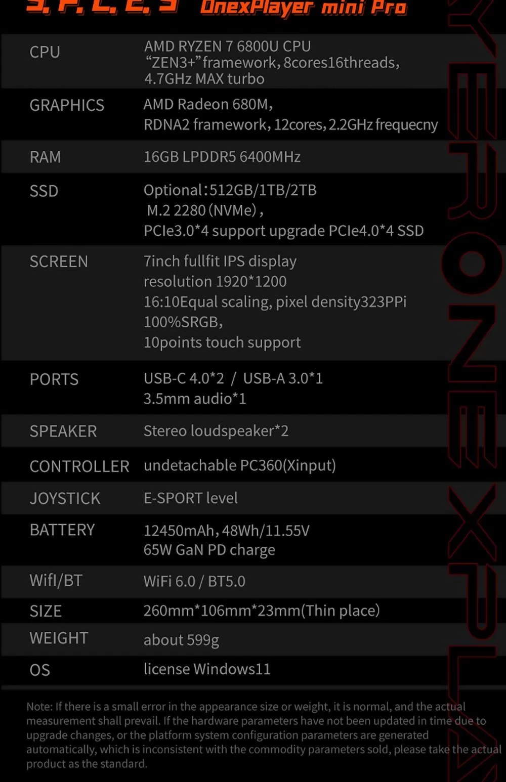ONE Netbook OneXPlayer Mini Pro Spielkonsole 7 IPS Display AMD RYZEN 7 6800U 16GB LPDDR5 1TB M.2 12450mAh Akku Windows11 - EU