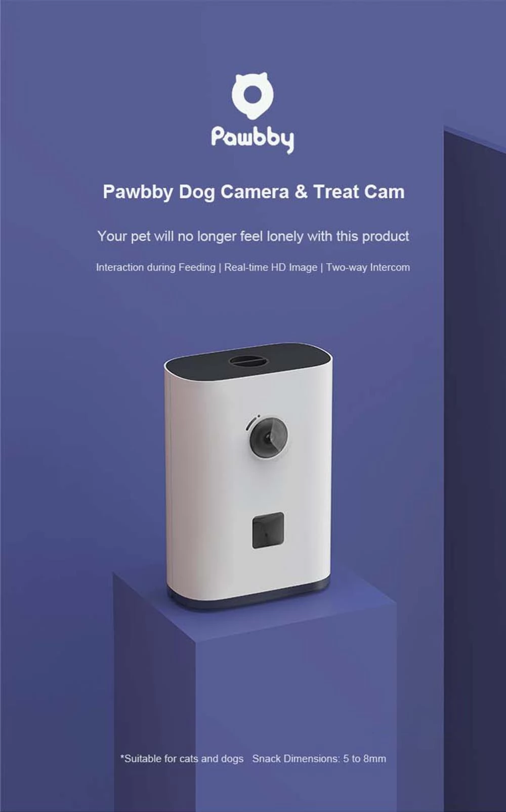 Pawbby Intelligent Pet Camera Treat Dispenser, HD WiFi Camera with Night Vision, 2-Way Audio Feeder for Dog Cat Puppy