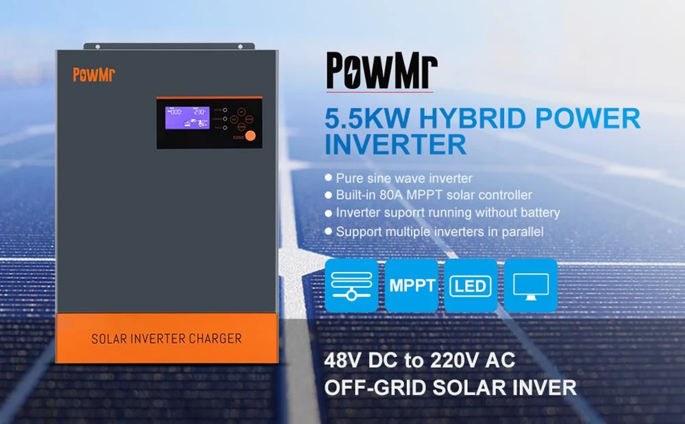 PowMr 5500W Hybrid Inverter, 48V DC to 220V-230V AC, 5.5KW Pure Sine Wave Inverter with 80A MPPT Charge Controller