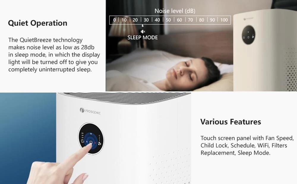 Proscenic A8 SE Air Purifier, H13 True HEPA Filter, 28db Low Noise, App Control Alexa Google Home, Digital Touch Display