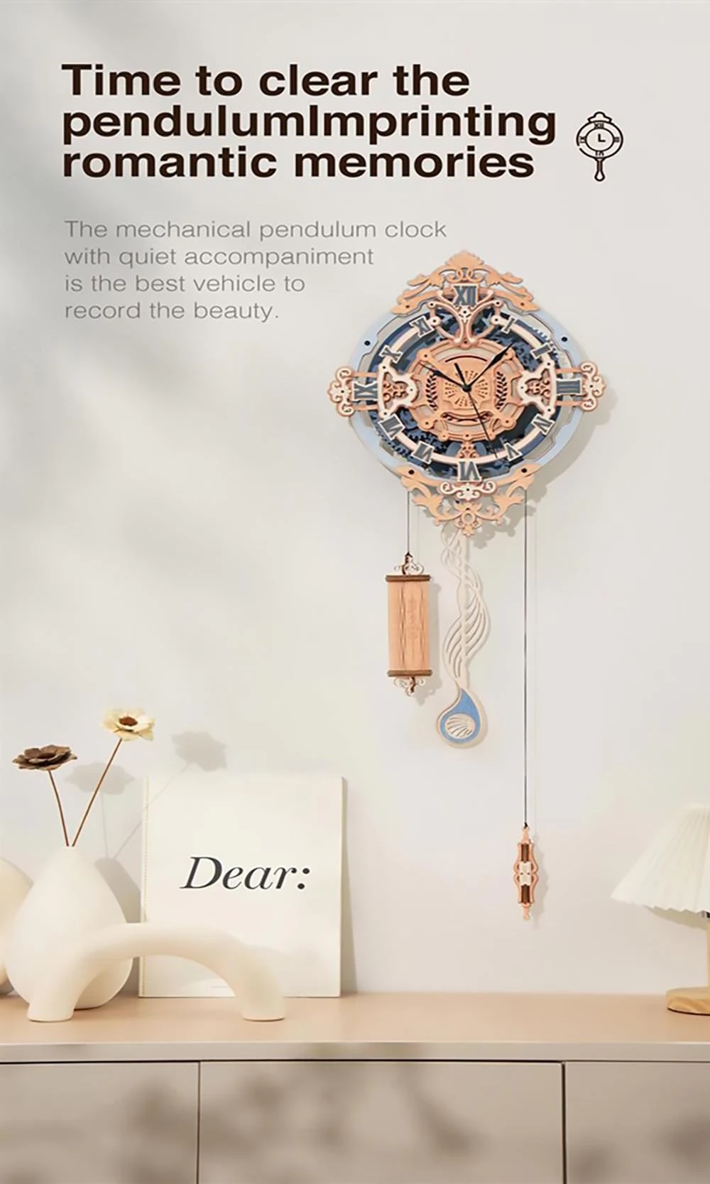 ROBOTIME LC701 Romantic Note Wall Clock Mechanical Gear 3D Wooden Puzzle Kit, 231Pcs
