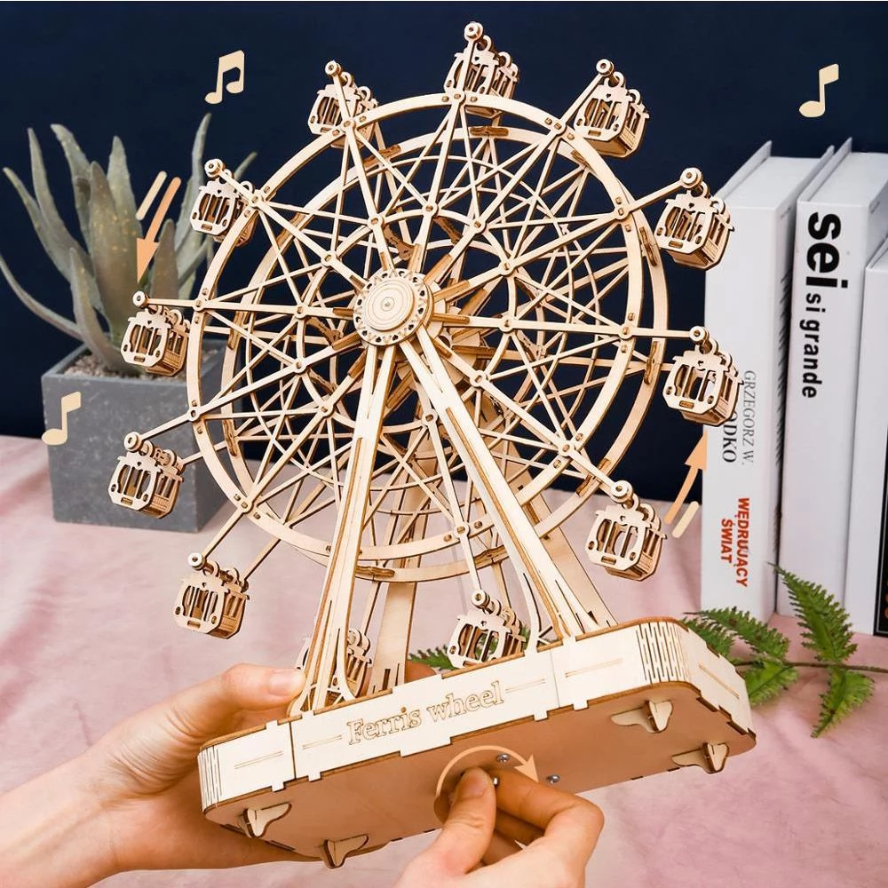 Robotime Ferris Wheel 3D Wooden Puzzle Hand Crank Music Box Machinarium  Toys DIY Wood Craft Kit Creative Gift 
