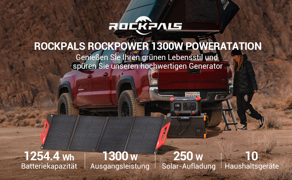 ROCKPALS RP1300 Tragbare PowerStation, 1254,4 Wh LiFePO4 Batterie Solargenerator, 1300 W Wechselstromsteckdosen, 2000 W